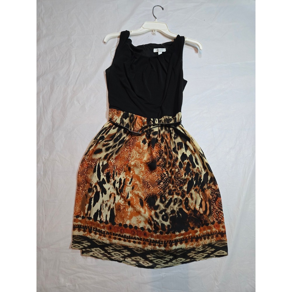 Dressbarn Women Black Animal Print Fit and Flare Belted Sleeveless Dress Size 8